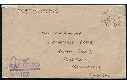 Ufrankeret O.A.S. feltpostbrev stemplet R.A.F. Post Office 001 (= Reykjavik, Island) d. 17.5.1943 til Manchester, England. RAF CENSOR 117.