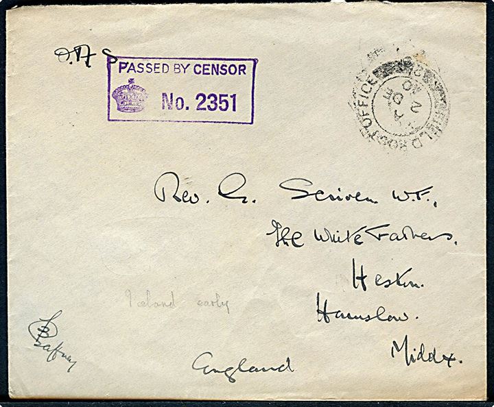 Ufrankeret O.A.S. feltpostbrev stemplet Field Post Office 2 (= Reykjavik, Island) d. 2.12.1940 til England. Violet unit censir No. 2351.