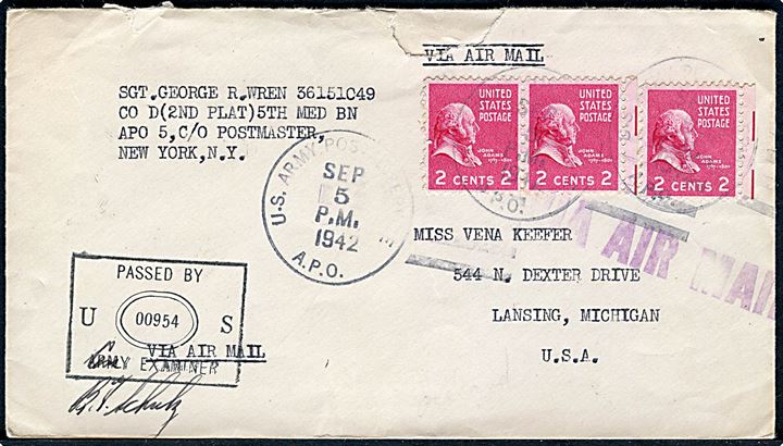 2 cents Adams (2) på luftpost feltpostbrev annulleret med udslebet feltpoststempel U.S.Army Postal Service A.P.O. d. 5.9.12 til Lansing, USA. Sendt fra soldat ved Co D (2nd Plat) 5th Med Bn. APO 5 (= Baldurshagi, Island). Unit censor no. 00954.