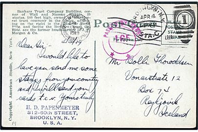 Amerikansk 2 cents Washington på billedsiden af brevkort fra Brooklyn d. 4.4.1919 til Reykjavik, Island. Violet amerikansk censur Passed by Censor 165 **. 