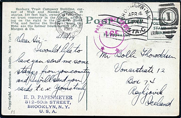 Amerikansk 2 cents Washington på billedsiden af brevkort fra Brooklyn d. 4.4.1919 til Reykjavik, Island. Violet amerikansk censur Passed by Censor 165 **. 