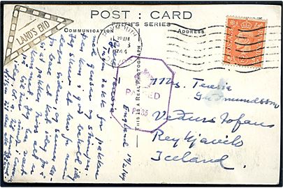 2d George VI på brevkort fra Plymouth d. 18.2.1944 til Reykjavik, Island. Britisk censur Passed P.135.