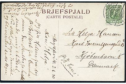 5 aur To Konger på brevkort fra Reykjavik d. 2.6.1910 til Kjøbenhavn, Danmark. Påskrevet: pr. S/S Ceres.