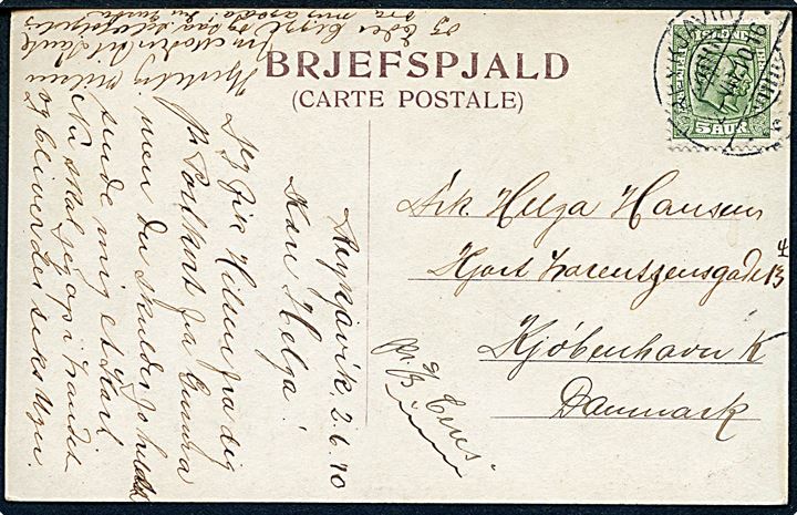 5 aur To Konger på brevkort fra Reykjavik d. 2.6.1910 til Kjøbenhavn, Danmark. Påskrevet: pr. S/S Ceres.