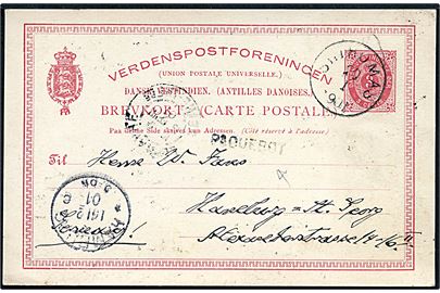3 cents helsagsbrevkort fra St. Thomas d. 20.1.1901 via Havre til Havelberg, Tyskland. Fransk skibsstempel Paquebot.