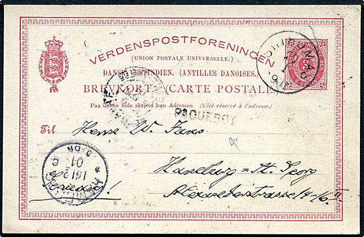 3 cents helsagsbrevkort fra St. Thomas d. 20.1.1901 via Havre til Havelberg, Tyskland. Fransk skibsstempel Paquebot.