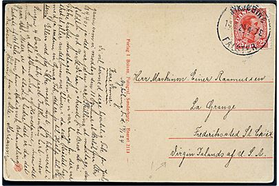 25 øre Chr. X på brevkort fra Nykjøbing Falster d. 14.1.1924 til Frederiksted, St. Croix, Virgin Islands of USA. God destination.