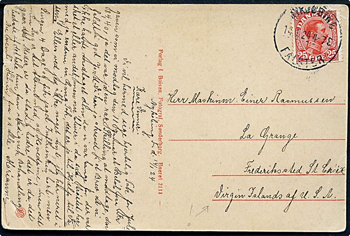 25 øre Chr. X på brevkort fra Nykjøbing Falster d. 14.1.1924 til Frederiksted, St. Croix, Virgin Islands of USA. God destination.