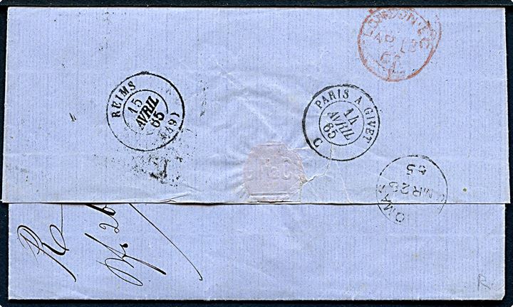 1865. Ufrankeret portobrev fra firma George Nunes & Co. påskrevet pr. Pluto sendt via det britiske postkontor på ST. Thomas d. 28.3.1865 via London til Reims, Frankrig. Rammestempel G.B. 1f60c, samt Angl. Amb. Calais og ank.stemplet i Reims d. 15.4.1865. Fuldt indhold 