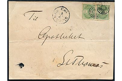1 cent Våben i parstykke på brevkort annulleret med stumt 4-ringsstempel og sidestemplet St. Thomas d. 7.4.1903 og sort skibsstempel C (= Christiansted, St. Croix) til Apoteket, St. Thomas.