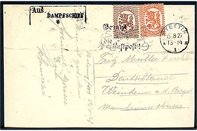 20 pen. og 1 mk. Løve på brevkort fra Helsingfors annulleret med tysk maskinstempel i Stettin d. 15.8.1927 og sidestemplet Aus Dampfschiff til Weinheim, Tyskland.