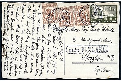 20 pen. Løve (3) og 1 mk. Turku 700 år på brevkort fra Helsingfors annulleret med svensk stempel i Stockholm d. 17.6.1929 og sidestemplet Från Finland til Pforzheim, Tyskland.