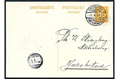 1,25 mk. Løve helsagsbrevkort fra Kronoby d. 4.10.1933 og sidestemplet med nr.stempel 486 til Jakobstad.