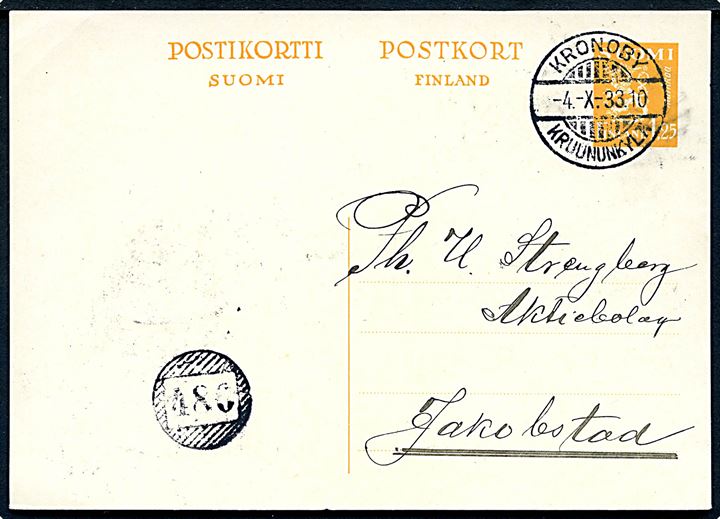 1,25 mk. Løve helsagsbrevkort fra Kronoby d. 4.10.1933 og sidestemplet med nr.stempel 486 til Jakobstad.