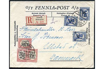 50/25 pen. (3) Provisorium og 1 mk. (3) Løve på anbefalet brev fra Helsingfors d. 4.7.1922 til Ulsted St., Danmark.