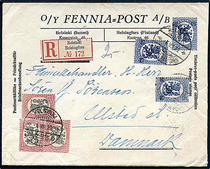 50/25 pen. (3) Provisorium og 1 mk. (3) Løve på anbefalet brev fra Helsingfors d. 4.7.1922 til Ulsted St., Danmark.