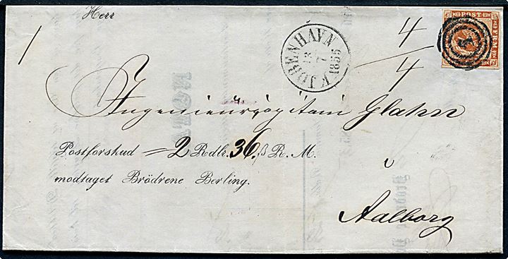 4 sk. 1854 udg. på brev med postforskud fra Brødrene Berling annulleret med nr.stempel 1 og sidestempletr antiqua Kjøbenhavn d. 13.7.1955 til Aalborg.