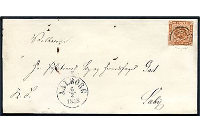 4 sk. 1854 udg. på brev annulleret med svagt nr.stempel 5 og sidestemplet antiqua Aalborg d. 6.2.1858 til Justitsraad By og Herredsfoged Gad i Sæby.
