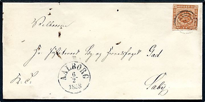4 sk. 1854 udg. på brev annulleret med svagt nr.stempel 5 og sidestemplet antiqua Aalborg d. 6.2.1858 til Justitsraad By og Herredsfoged Gad i Sæby.