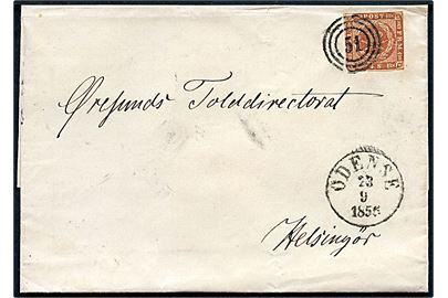 4 sk. 1854 udg. på brev annulleret med nr.stempel 51 og sidestemplet antiqua Odense d. 23.9.1955 til Øresunds Tolddirectiorat i Helsingør.