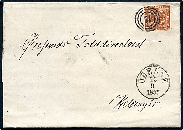 4 sk. 1854 udg. på brev annulleret med nr.stempel 51 og sidestemplet antiqua Odense d. 23.9.1955 til Øresunds Tolddirectiorat i Helsingør.