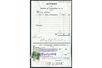 10 øre Gebyr Provisorium annulleret med kontorstempel Skive Postkontor på Attest for Indkøb af Frigørelsesmidler m.v. dateret d. 14.8.1924.