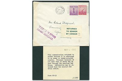 5 cents frankeret brev fra Morristown d. 12.1.1942 til København, Danmark. Åbnet af amerikansk censur og returneret med stempel Service Suspended og indlagt meddelelse Form OC-12 vedr. mulighed for forsendelse via Røde Kors. 
