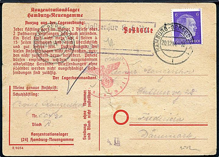 6 pfg. Hitler på brevkort fra KZ-lejr Neuengamme dateret d. 4.12.1944 og stemplet Hamburg d. 20.12.1944 til Fredericia. Fra modstandsmand, Børge Køngerskov, som blev arresteret for jernbanesabotage i 1943. Både lejr-censur og tysk censur fra Hamburg. Rifter.