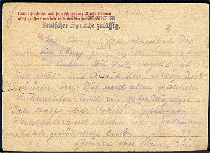 6 pfg. Hitler på brevkort fra KZ-lejr Neuengamme dateret d. 4.12.1944 og stemplet Hamburg d. 20.12.1944 til Fredericia. Fra modstandsmand, Børge Køngerskov, som blev arresteret for jernbanesabotage i 1943. Både lejr-censur og tysk censur fra Hamburg. Rifter.