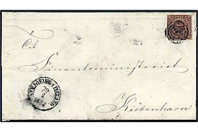 4 R.B.S. Ferslew med lille mgl. hj. på brev annulleret med stumt stempel og sidestemplet antiqua Nykjøbing i Jylland d. 20.2.1852 til Kjøbenhavn.