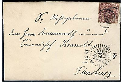 4 R.B.S. Thiele III tæt klippet på brev annulleret med nr.stempel 1 og sidestemplet med kompasstempel Kjøbenhavn KB d. 12.12.1854 til Flensborg.