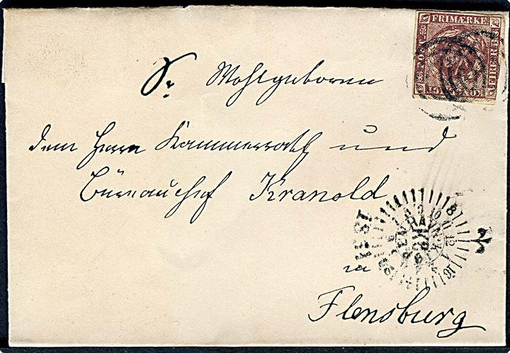 4 R.B.S. Thiele III tæt klippet på brev annulleret med nr.stempel 1 og sidestemplet med kompasstempel Kjøbenhavn KB d. 12.12.1854 til Flensborg.
