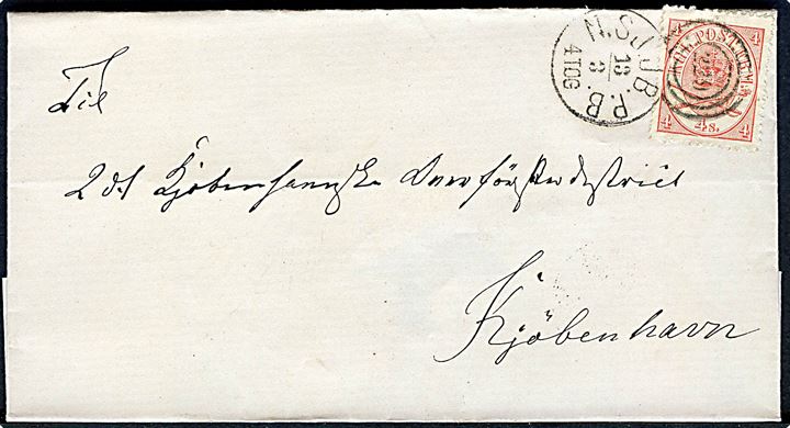 4 sk. Krone/Scepter på brev annulleret med lapidar kombineret nr.stempel 229/N.SJ.JB.P.B. d. 13.3.18xx til Kjøbenhavn.