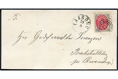 4 sk. Tofarvet på brev annulleret med nr.stempel 15 og sidestemplet antiqua Faaborg d. 19.9.187x via Svendborg til Brahetrolleborg pr. Qverndrup.