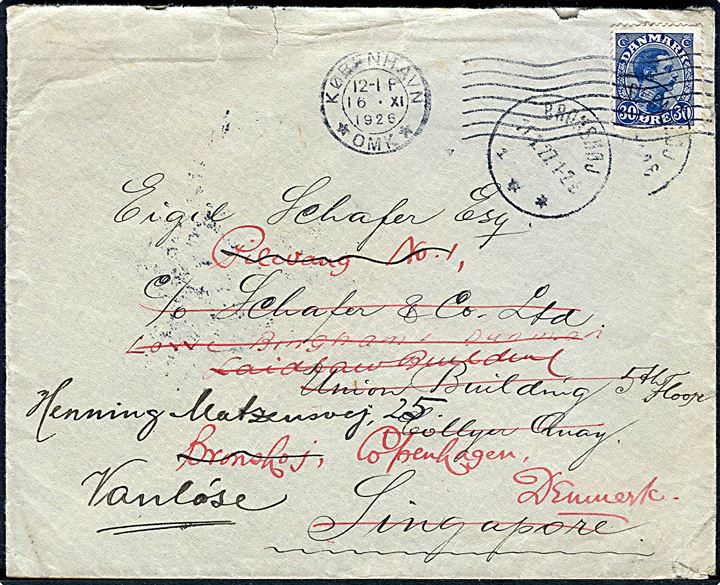 30 øre Chr. X på brev fra København d. 16.11.1926 til Singapore - eftersendt til Brønshøj og siden Vanløse. 