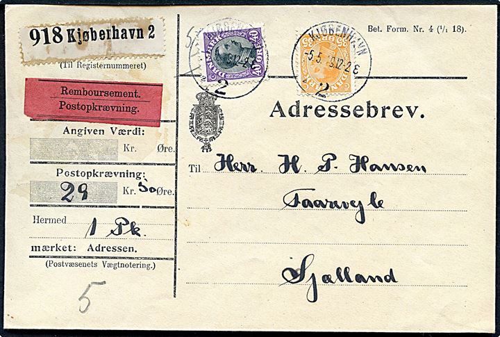 35 øre og 40 øre Chr. X på adressebrev for pakke med postopkrævning fra Kjøbenhavn d. 5.5.1919 til Faarevejle St.