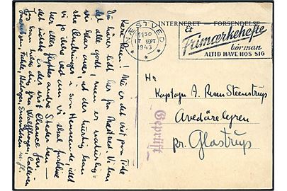 Fortrykt Interneret Forsendelse brevkort fra Næstved d. 17.9.1943 til officer i Avedørelejren pr. Glostrup. Violet tysk Stalag censurstempel: Geprüft.