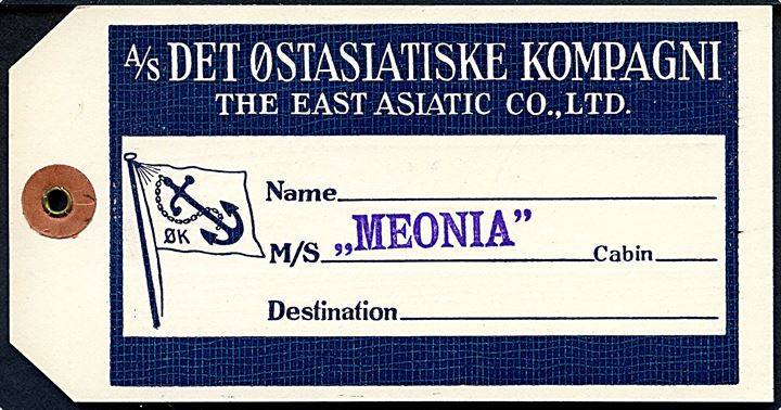 Det Østasiatiske Kompagni. Fortrykt Manila-mærke til passager-baggage ombord på M/S Meonia i 1930'erne. Ubrugt.