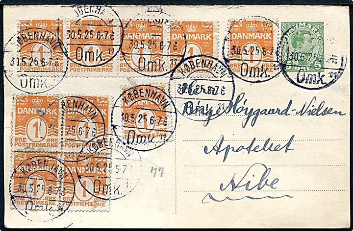 5 øre Chr. X spørgedel af dobbelt helsagsbrevkort opfrankeret med 1 øre Bølgelinie (10) fra København d. 30.5.1925 til Nibe.