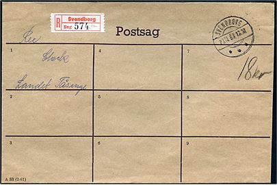 Postsag rutekuvert formular A33 (2-61) sendt anbefalet fra Svendborg d. 23.11.1963 til Landet på Tåsinge. På bagsiden fortrykt lukkemærkat fra Svendborg Postkontor.