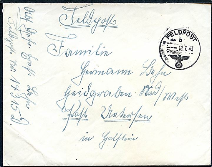 Ufrankeret tysk feltpostbrev stemplet Feldpost b d. 18.7.1943 til Tysdkland. Sendt fra soldat ved Feldpost nr. 14315D (= Stab u. Einheit Heeres-Flak-Ersatz- u. Ausbildungs-Abteilung 280) stationeret i Esbjerg/Oksbøl området. Fuldt indhold.