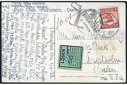 4 c. Junk på underfrankeret brevkort fra Shanghai d. 2.4.1922 til Ängelholm, Sverige. Sort T portostempel og påsat svensk 25 öre Lösen etiket.