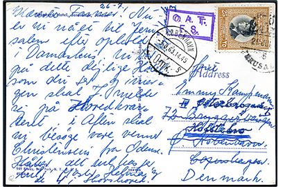 25 fils på brevkort fra Jerusalem d. 26.7.1963 til København, Danmark - eftersendt til Holstebro. Violet luftpost stempel O.A.T. / F.S. (Onward Air Transmission) fra London.