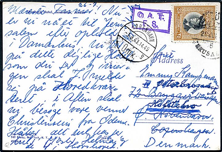 25 fils på brevkort fra Jerusalem d. 26.7.1963 til København, Danmark - eftersendt til Holstebro. Violet luftpost stempel O.A.T. / F.S. (Onward Air Transmission) fra London.