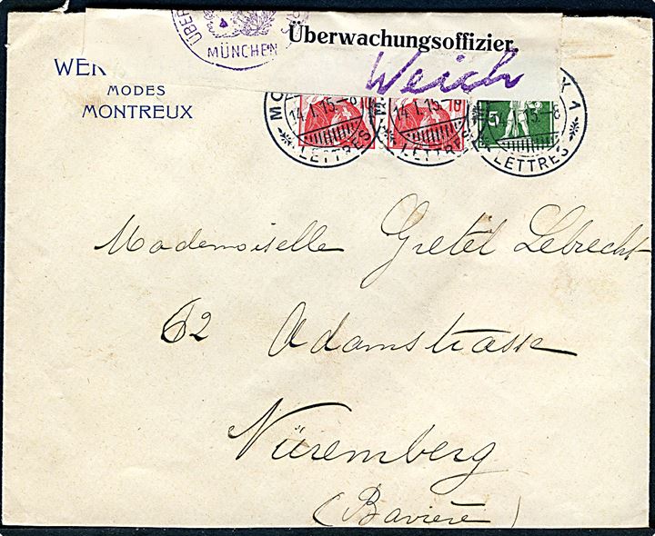 5 c. og 10 c. (par) på brev fra Montreux d. 14.1.1915 til Nürnberg, Tyskland. Åbnet af tysk censur i München.