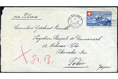 30 c. Landesausstellung single på brev fra St. Gallen d. 1.2.1939 til danske legation i Tokyo, Japan. Påskrevet via Siberia.