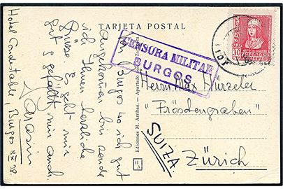 30 cts. Isabel single på brevkort fra Burgos d. 8.10.1938 til Zürich, Schweiz. Lokal spansk censur fra Burgos.