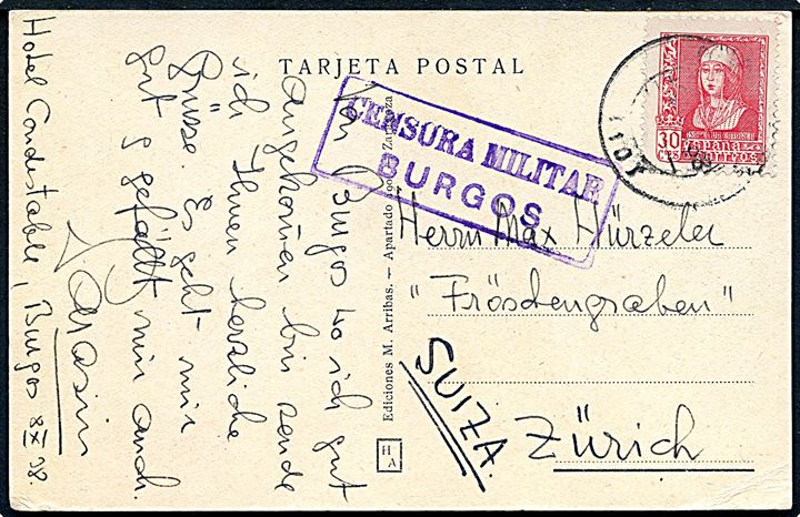 30 cts. Isabel single på brevkort fra Burgos d. 8.10.1938 til Zürich, Schweiz. Lokal spansk censur fra Burgos.