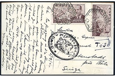 15 cts., 40 cts. Franco og 50 cts. Luftpost (2) på for- og bagside af brevkort fra Madrid d. 6.9.1940 til Schweiz. Lokal spansk censur fra Madrid.
