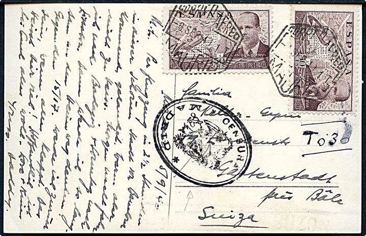 15 cts., 40 cts. Franco og 50 cts. Luftpost (2) på for- og bagside af brevkort fra Madrid d. 6.9.1940 til Schweiz. Lokal spansk censur fra Madrid.